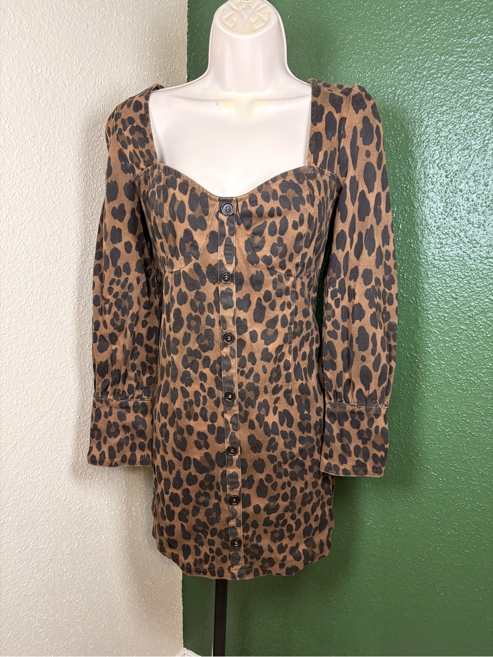 Leopard Print Long Sleeve Button-Front Mini Dress